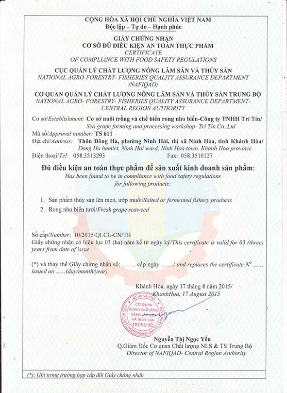 NAFIQAD: Chứng nhận Rong nho Trí Tín đủ điều kiện an toàn thực phẩm trong sản xuất kinh doanh thuỷ  sản để xuất  khẩu.
