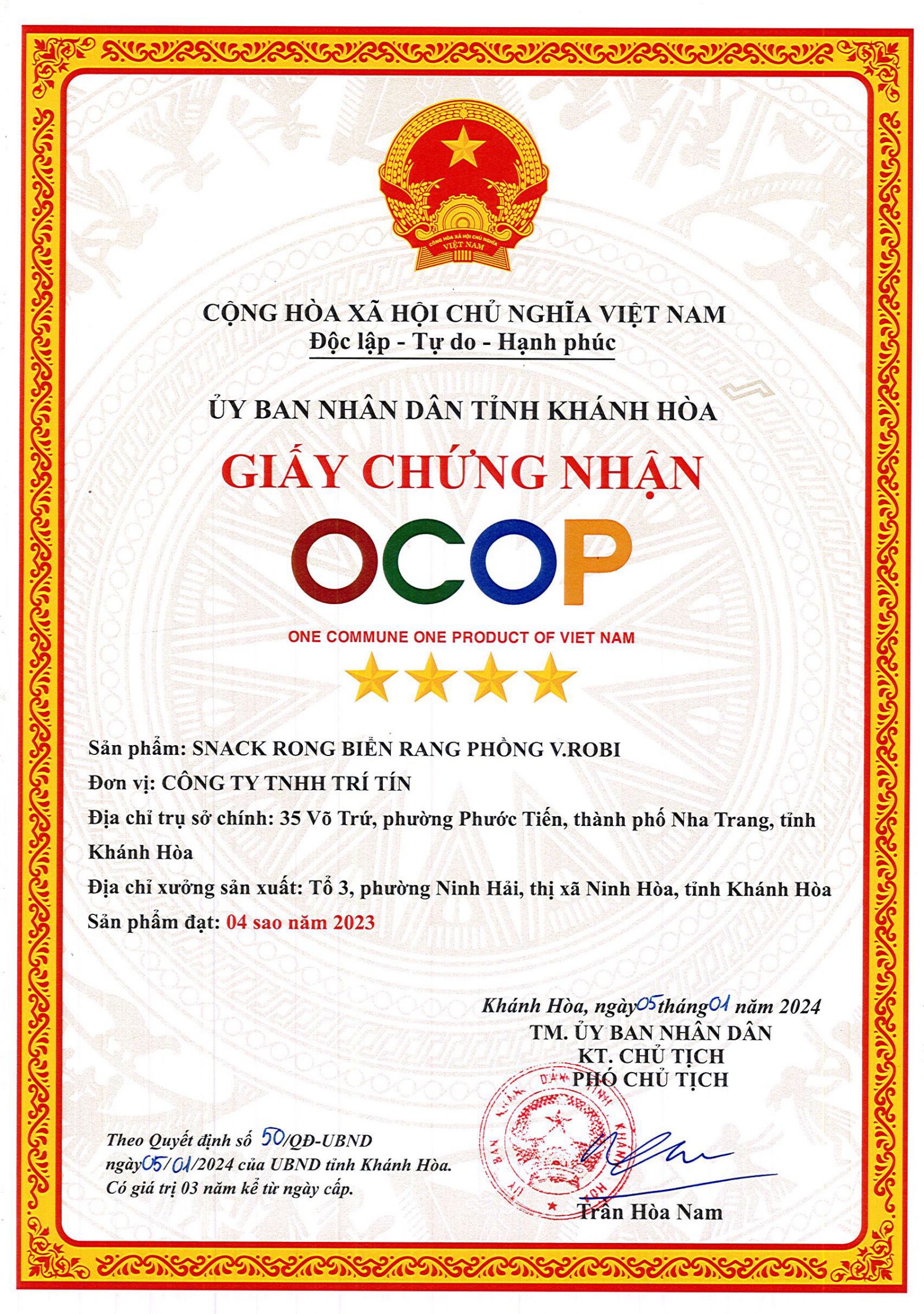Chứng nhận Ocop 4 sao snack rong biển rang phồng